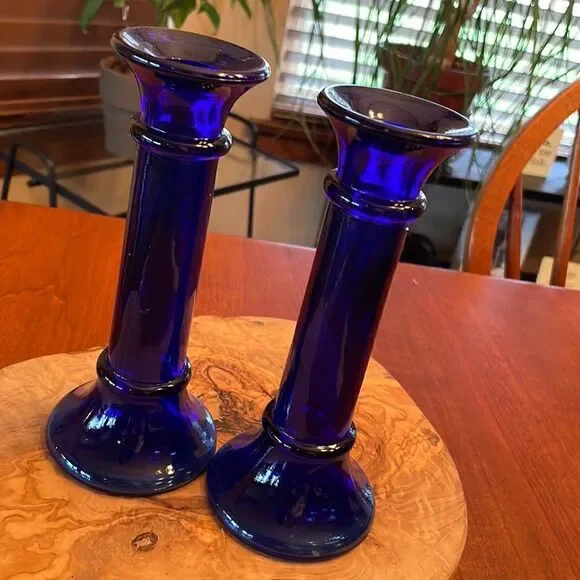 Pair of Cobalt Blue Glass Candlestick Holders