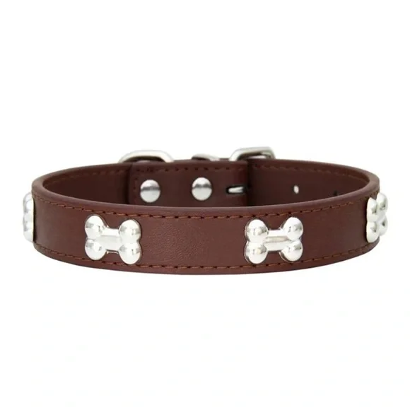 Brown Dog Collar with Silver Bone Accents