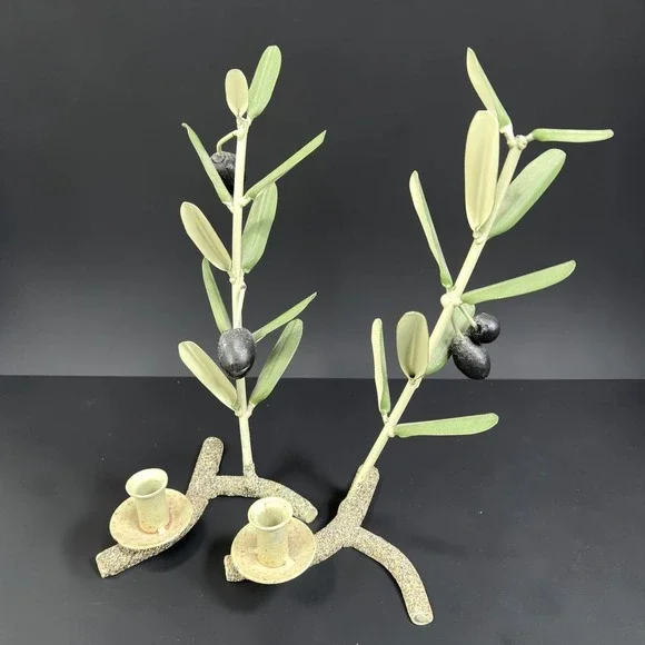 Metal Olive Branch Taper Candle Holder Set of 2 Green Leaf Botanical Decor 7in
