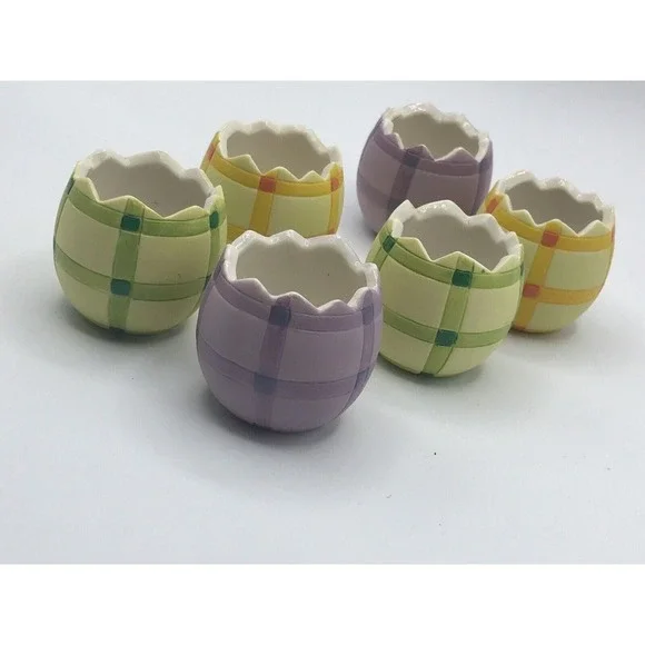 Set Of 6 Lindt Chocolate Ceramic Cracked Easter‎ Egg Cups Checkered Plaid Design