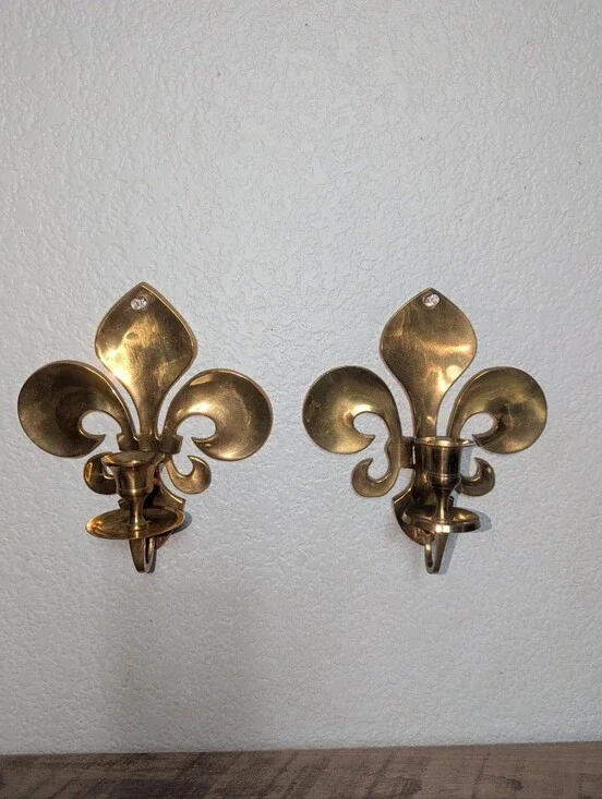 Vintage Solid Brass Fleur-de-Lis Wall Sconces - Pair