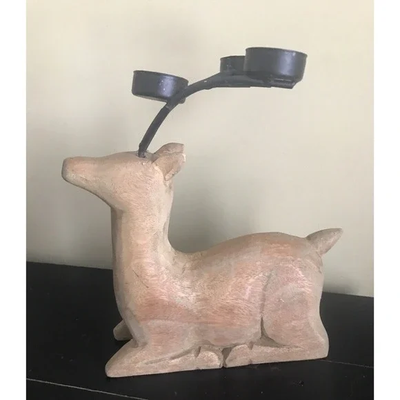Wooden Kneeling Deer With‎ Wrought Iron Candle Holders