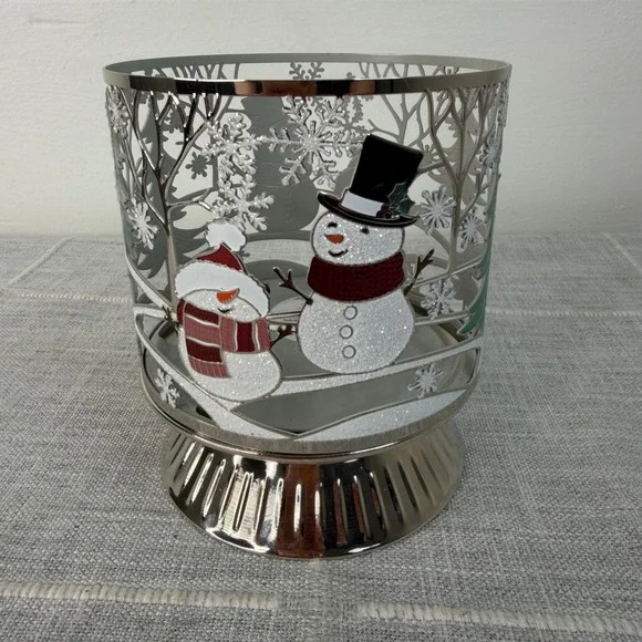Bath & Body Works Happy Snowman Couple Scene 3-Wick Candle Holder Pedestal