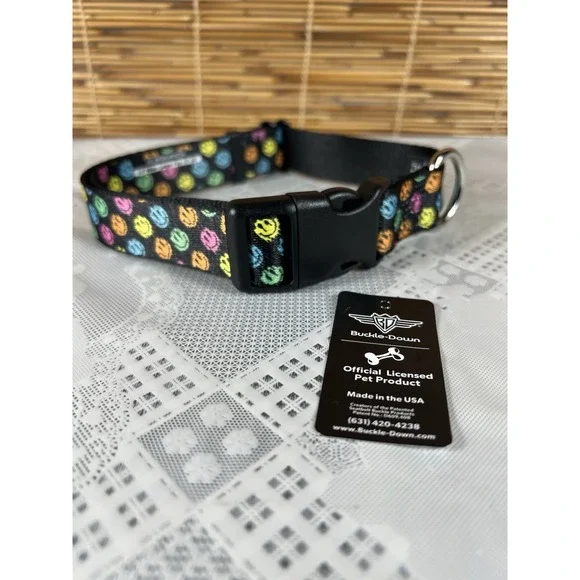 Buckle-down Dog Collar Smiley Faces Melted Mini Repeat Angle Black 15-26