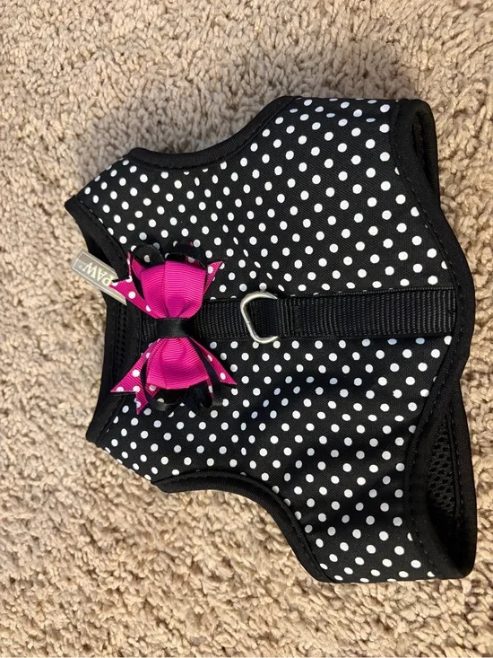 Top Paw Black and White Polka Dot Dog Harness with Hot Pink Bow