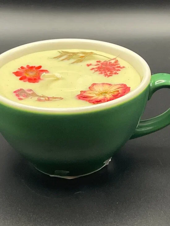 Pressed Botanical Teacup Candle Green Ceramic