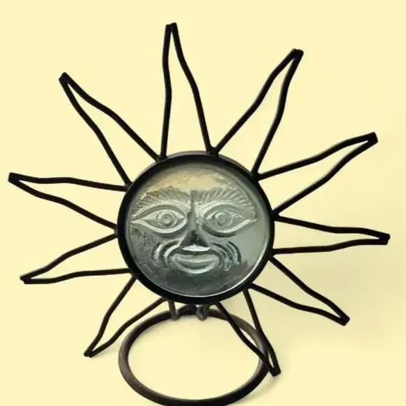 Vintage Celestial Sun Metal Tea Light Candle Holder with Glass Face
