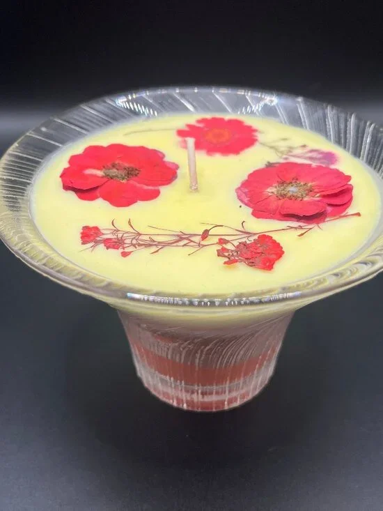 Red Floral Soy Candle in Clear Ribbed Glass Pedestal Bowl