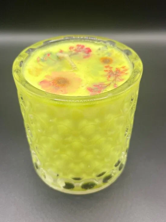 Clear Hobnail Glass Candle with Lime-Yellow Wax and Pressed Wildflowers