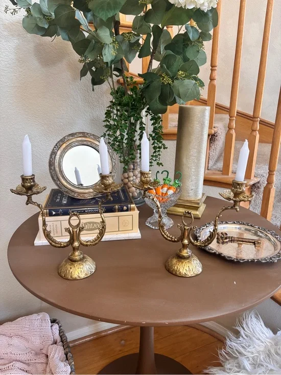 Ornate Gold Brass Double-Arm Candle Holders - Pair