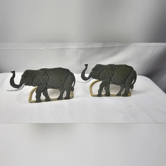 Metal Elephant Tea Light Holders Set Of 2 Gray And Tan Trunk Up