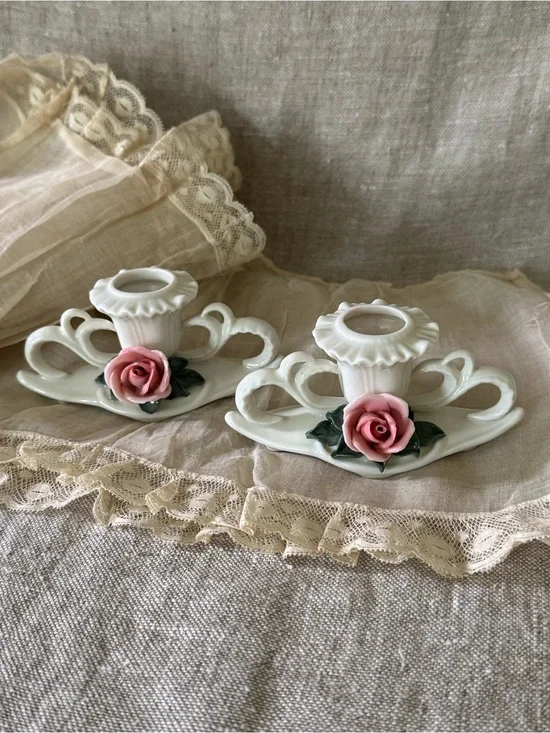 Karl Ens Germany vintage pink roses porcelain candleholders