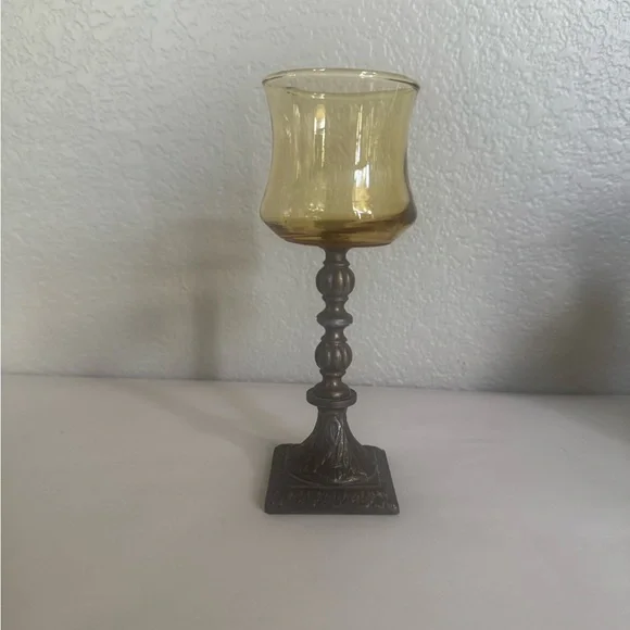 Elegant Amber Glass and Brass Candle Holder