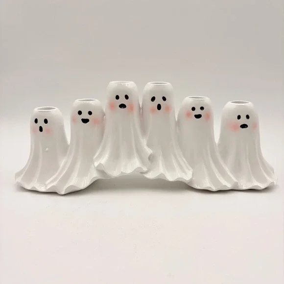 White Ghost Taper Candle Holder Halloween 6-Slot Spooky Candelabra Mantel Decor