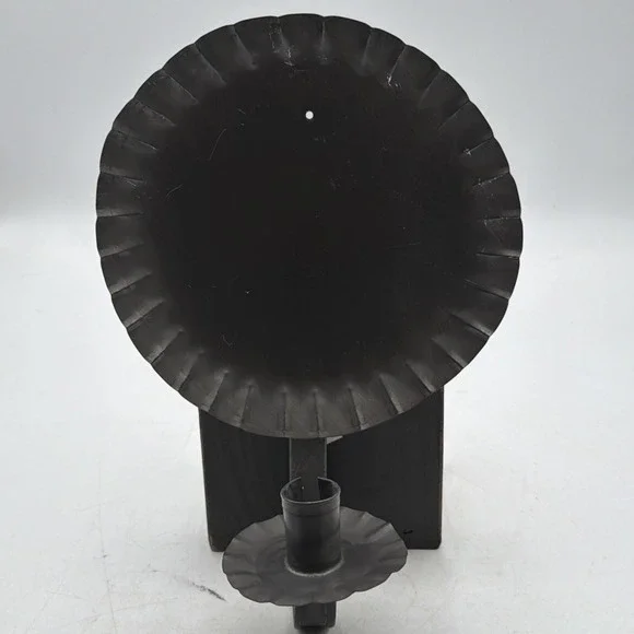 Vintage Tin Round Reflector Crimped Wall Sconce Candle Holder Prim Folk Decor