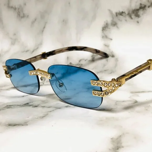 Men Women Sunglasses Blue‎ Lens Fashion Diamond Retro Classic Hip Hop Lentes New