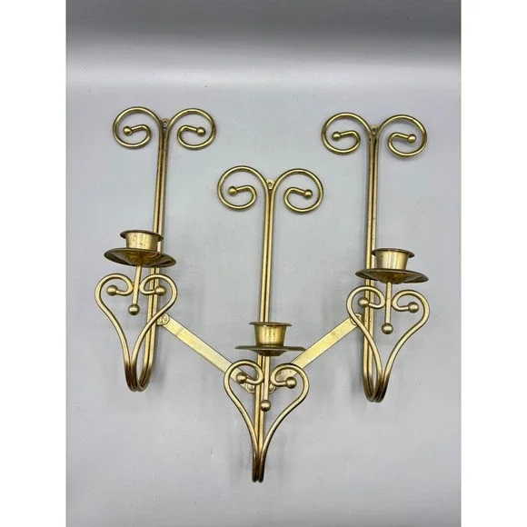 Vintage Brass Triple Wall Sconce Adjustable Folding Scroll Heart Candle Holder