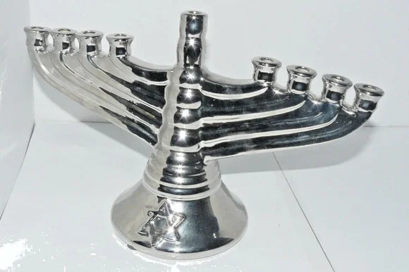 Menorah Judaica Shiny Silver Glazed Ceramic 9 Candles Hanukkah Chanukah Vintage