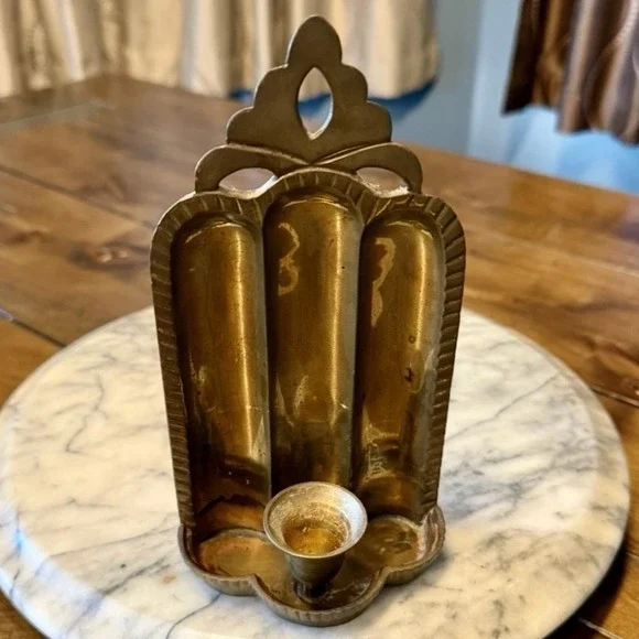 VTG 60s MCM Art Deco Style Brass Patina Wall Sconce Candle Holder India 7.5