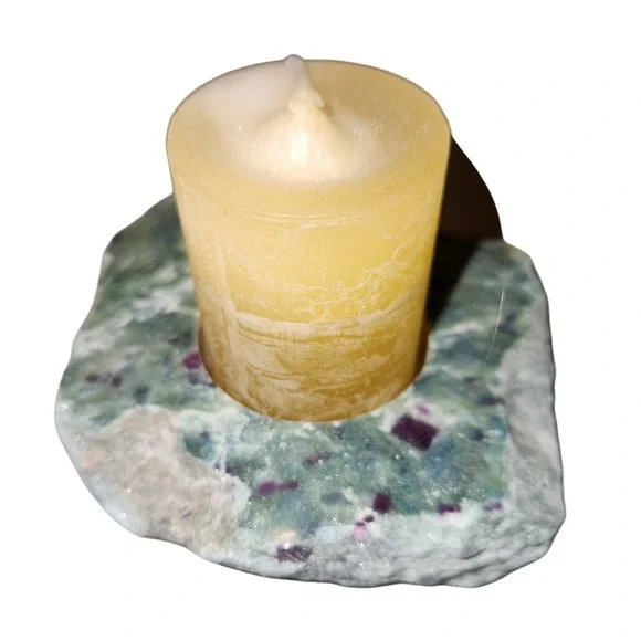 Ruby Zoisite Natural Stone Tea Light Candle Holder Raw Edge Green Pink Crystal