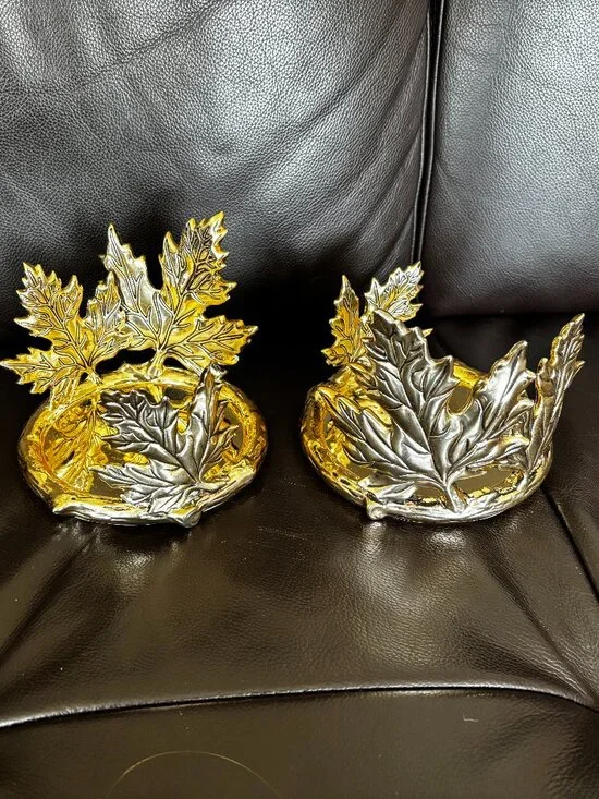 Bath & Body Works Fall/Leaf Gold 3-Wick Candle Ring Holder (Set of 2)