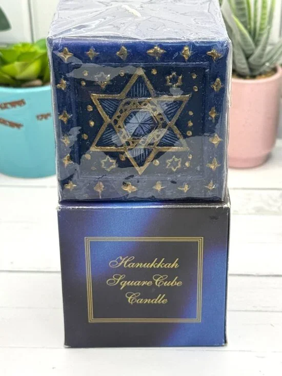 Hanukkah Square Cube Candle With Star Of David & Menorah Design