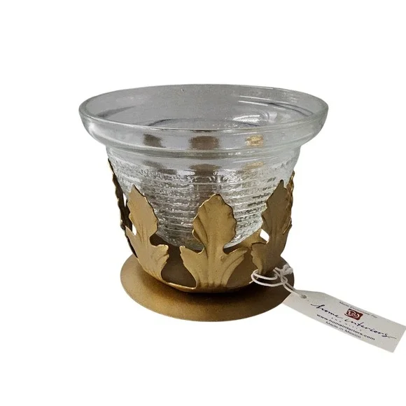 Home Interiors Votive Candle Holder Gold Acanthus Leaf Ribbed Glass Cup