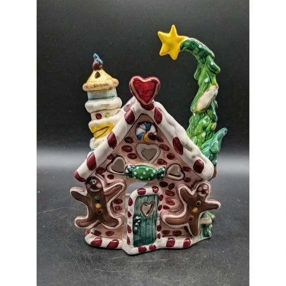 Blue Sky Whimsical Gingerbread House Ceramic Tea Light Candle Holder Christmas