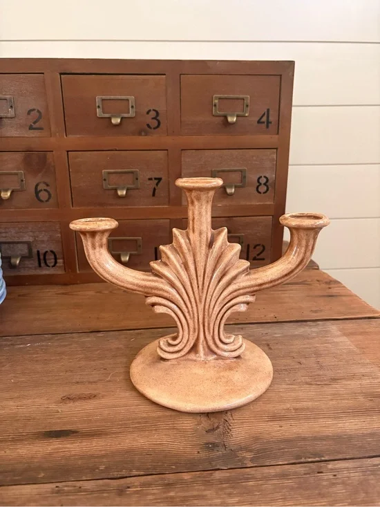 Decorative Three-Arm Cream/ Light Brown Ceramic Candelabra