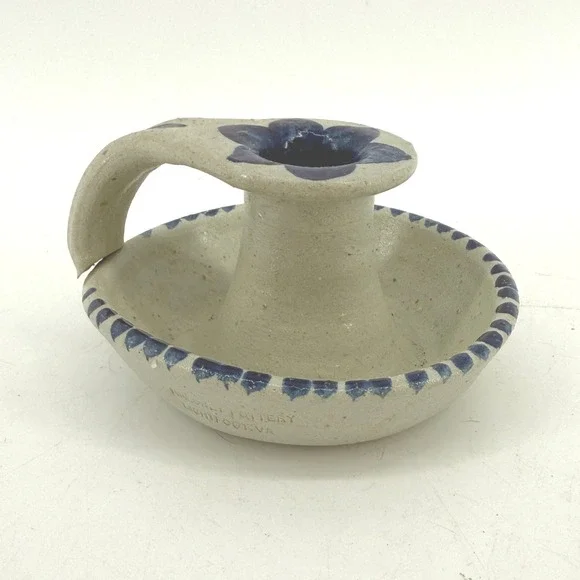 Williamsburg Pottery Stoneware Chamberstick Floral Salt Glaze Candle Holder Blue