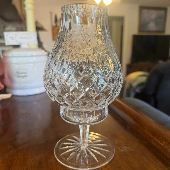 Vintage Crystal Hurricane Candle Holder Etched Floral Diamond 2 Piece Clear 7.5