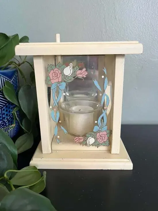 Vintage Country Core Wood Votive Candle Holder with Heart Cutouts and Floral Gla