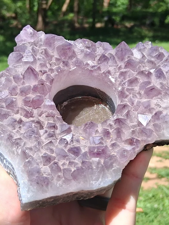 Brazilian Amethyst Geode Crystal Rock Tea Light Candle Holder Sphere Decor