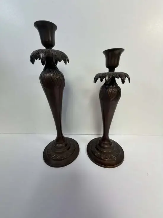 Vintage Ornate Bronze Tone Metal‎ Candlestick Holders Set of 2
