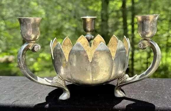 Leonard Silver Plate Centerpiece Triple Candle Holder on Lotus Flower Bowl A85