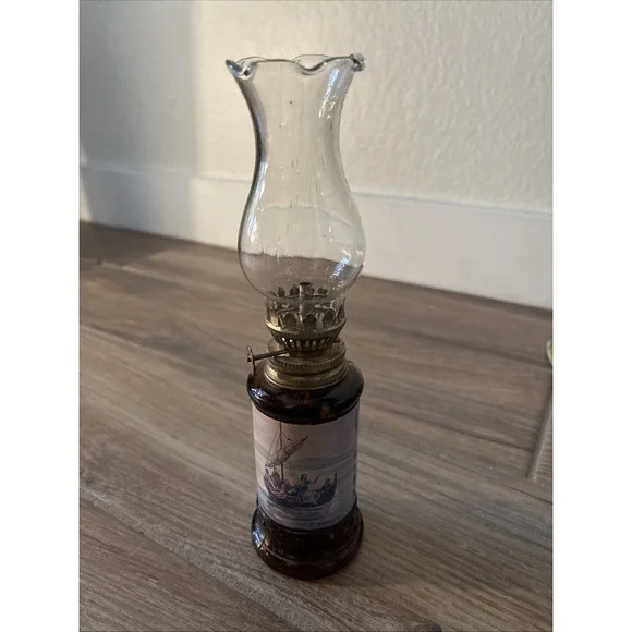 Vintage‎ 9 inch Amber Bottle Oil Lamp Religious Jesus Walks on Water 2C