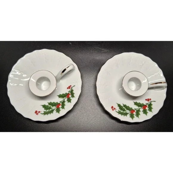 All The Trimmings Holiday Holly Porcelain Candle Holders Set of 2 Japan gold Trm
