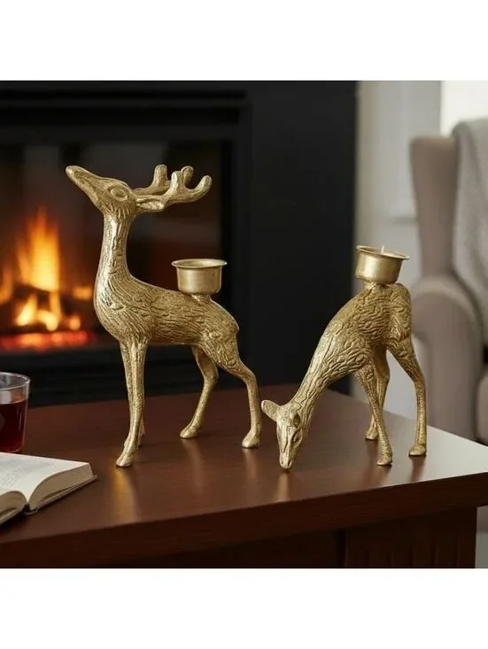 Set of 2 Vintage Brass Deer Candlestick Holders Buck Doe Woodland Decor 4.5