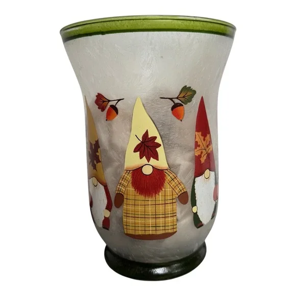 Fall Gnome Frosted Glass Candle Holder 7.75