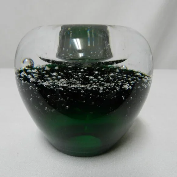 Vintage Poland green Controlled Bubble Tealight candle holder Art Glass 1.5 lbs