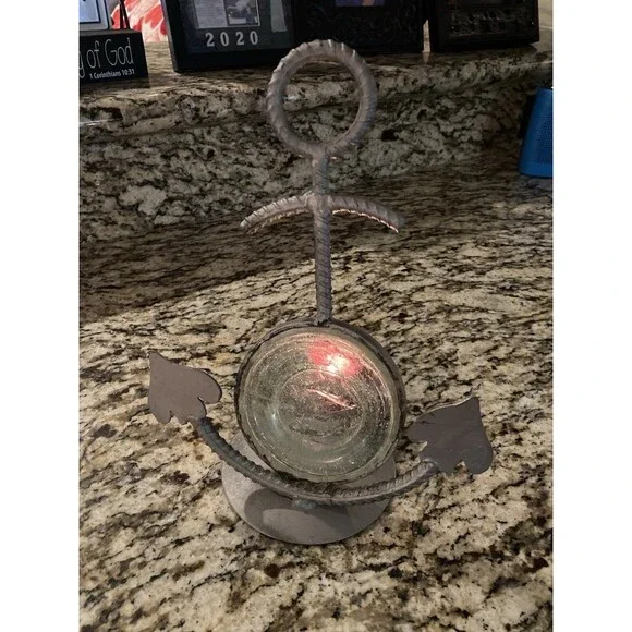 Nautical Candle Holder Beach Coastal Anchor Fish Seaside Rope Metal Cabincore