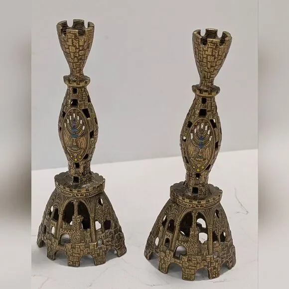 Vintage TAMAR Israel Judaica Castle Shabbat Candlesticks Pair Menorah Jerusalem