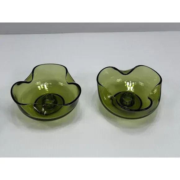 Vintage Anchor Hocking 2 Avocado Green Glass Candle Stick Holders Pair MCM 1970s