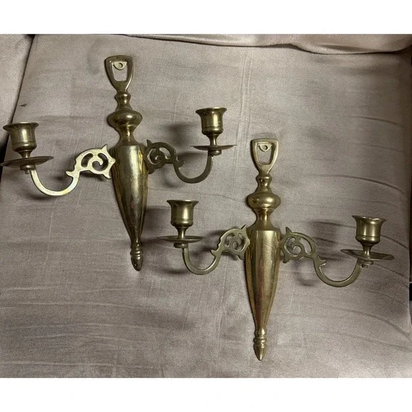 Vintage Solid Brass 2 Arm Candle Holder Wall Mounted Sconce Candelabra 10