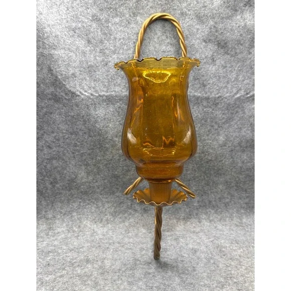 Vtg Home Interiors Gold  Metal Wall Sconce Amber Glass Hollywood Regency style