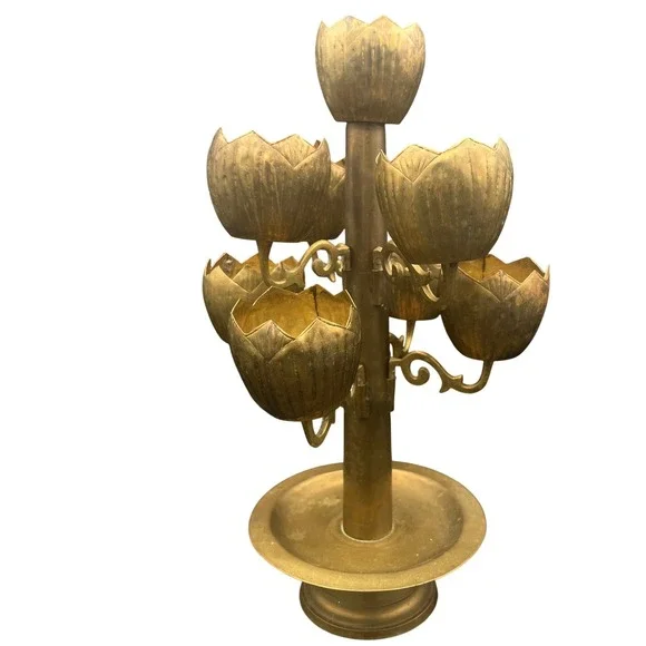 Rare Mid Century Feldman Lighting Brass 9 cup Lotus Flower Candelabra Tea Lights