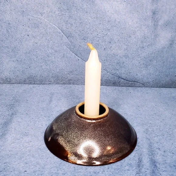 Handmade Ceramic Taper Candle Holder‎ Trinket Dish Rustic Earth Tone Glaze Small