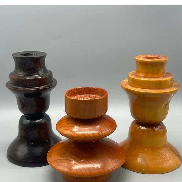 Vintage Mid Century Modern Wood Candlestick Holders set of‎ Three MCM Decor