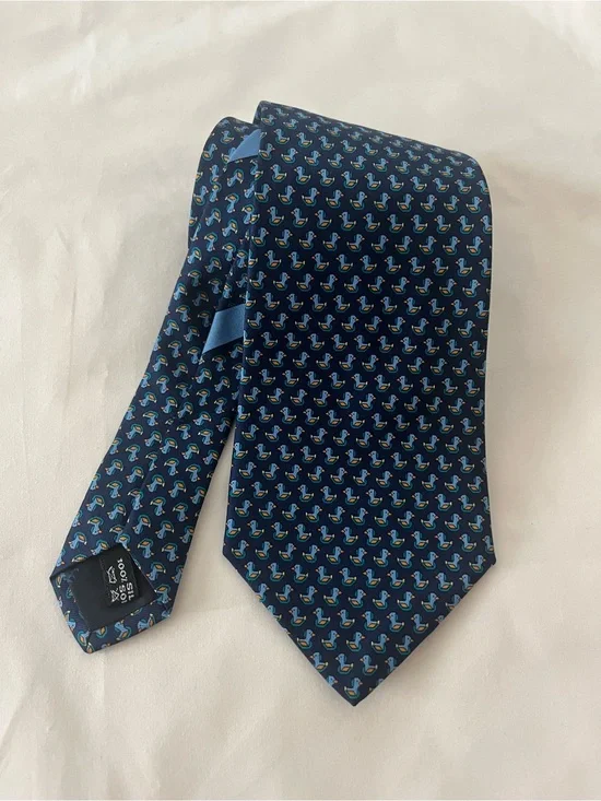 Salvatore Ferragamo Navy Silk Tie with Light Blue and Teal Motif