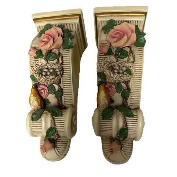 Drape Scarf Holder‎ Cream Gold Trim Red Rose Green Leaves Birds Nest w/Eggs 10in